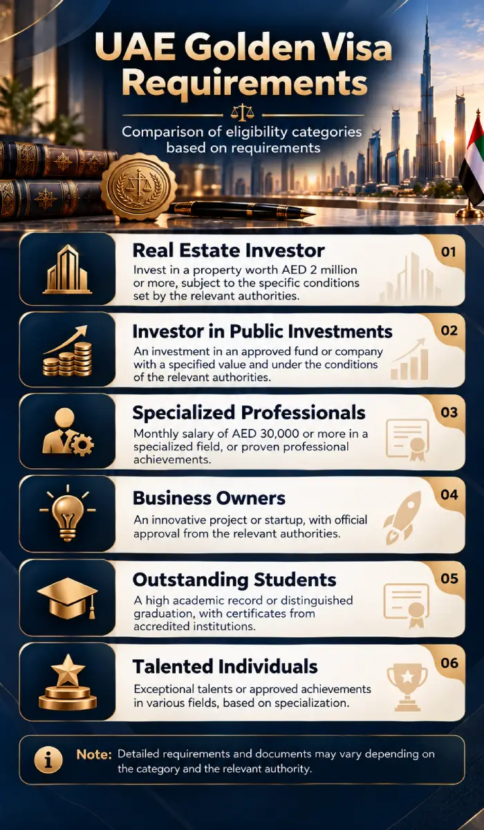 UAE Golden Visa Requirements: Categories, Documents and How to Apply 1 UAE Golden Visa Requirements by category, including property investors, skilled professionals, entrepreneurs, outstanding students and talented individuals