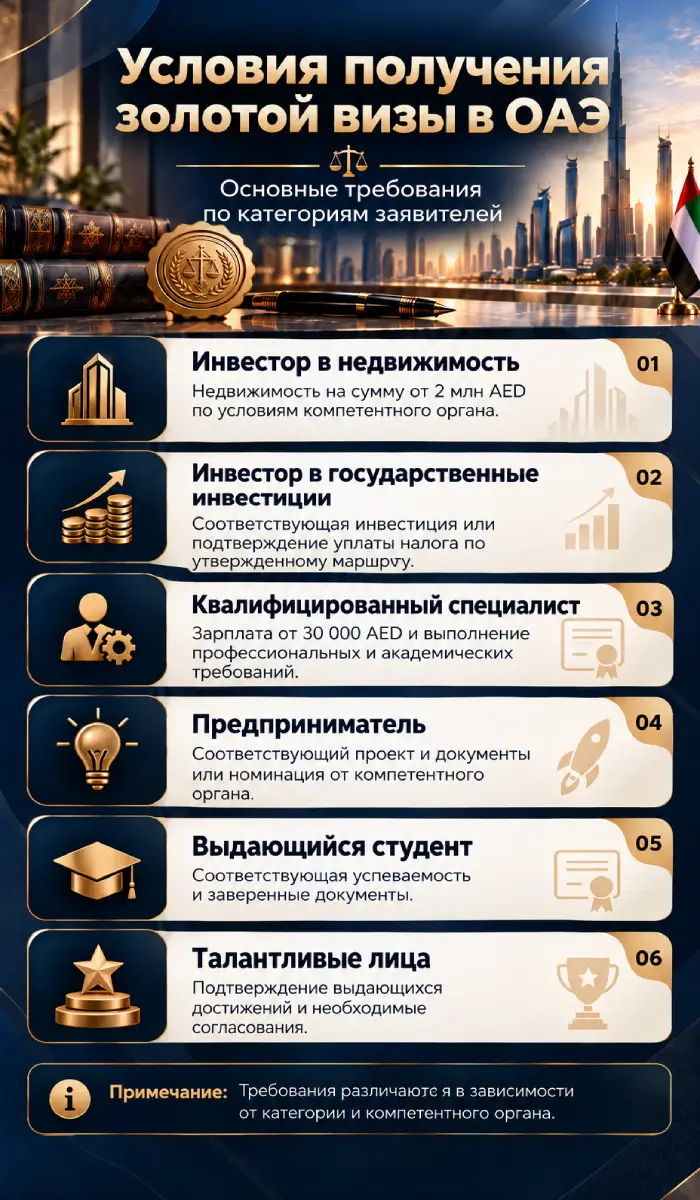 Условия получения золотой визы в ОАЭ 1 Условия получения золотой визы в ОАЭ для инвесторов, квалифицированных специалистов, предпринимателей, студентов и талантливых лиц.