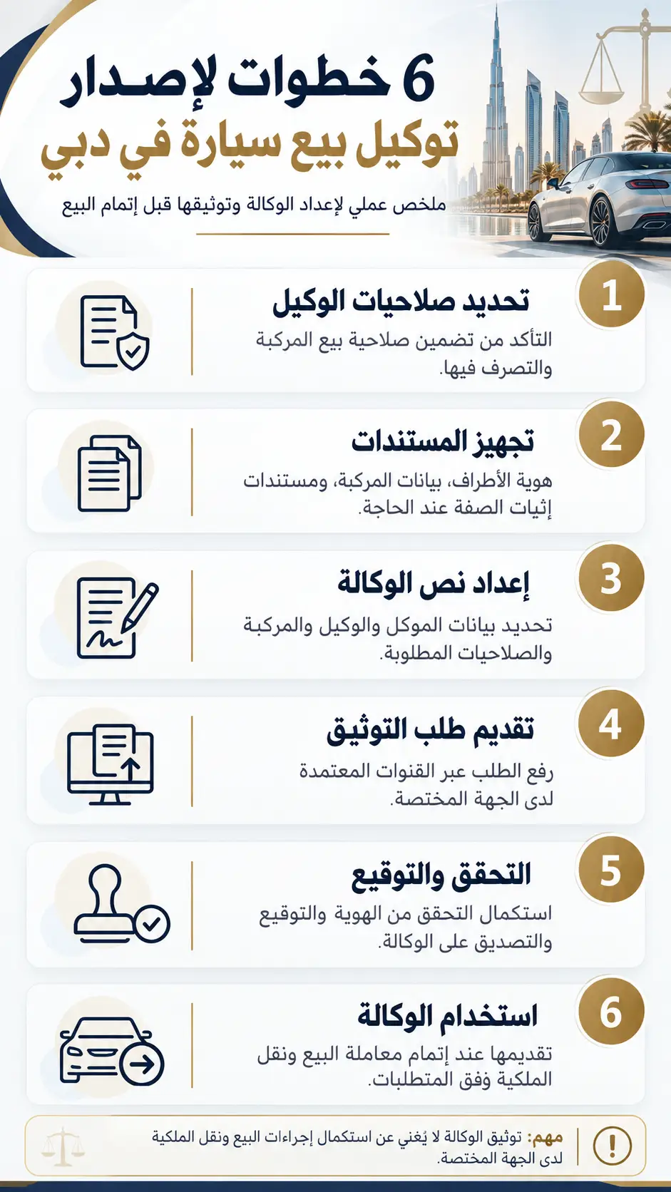 خطوات إصدار توكيل بيع سيارة دبي من تجهيز المستندات وتحديد صلاحيات الوكيل حتى توثيق الوكالة